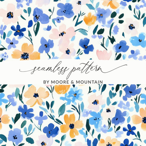 Blue Modern Ditsy Watercolor Floral Pattern in Pastel Blue Gold Download - Moore and Mountain
