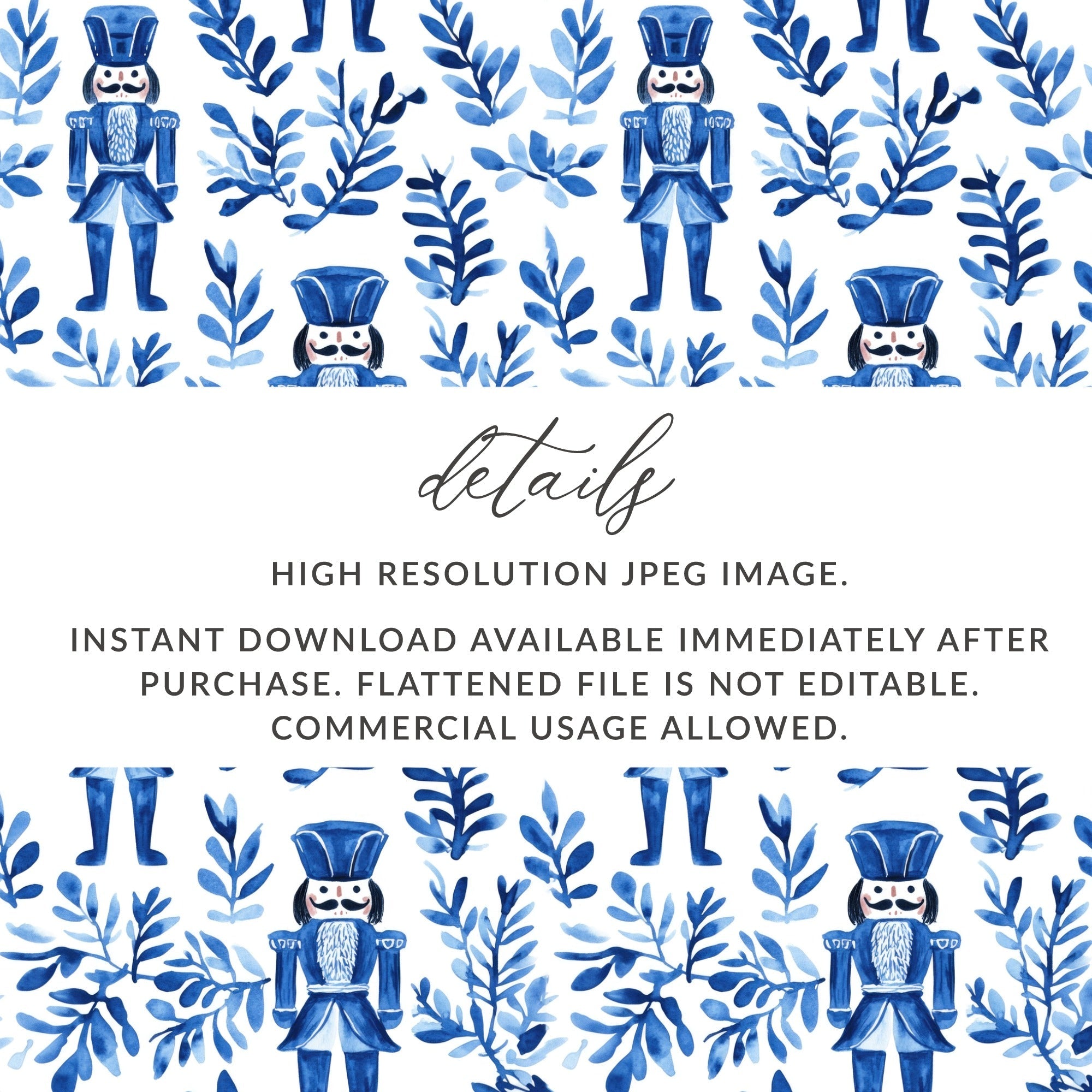 Blue Nutcracker Digital Paper, Seamless Pattern, Watercolor Nutcracker, Christmas Background, Holiday Digital Paper, Fabric Design - Moore and Mountain
