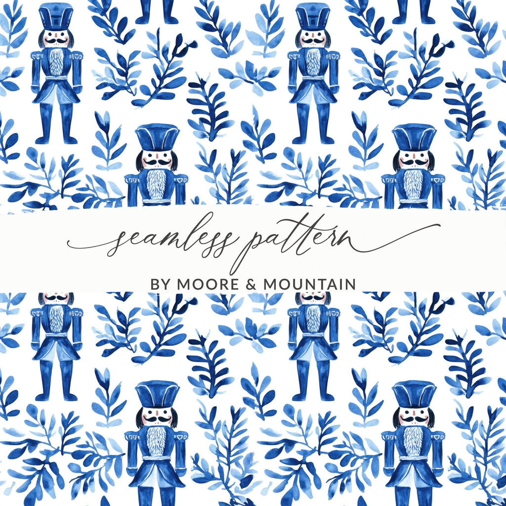 Blue Nutcracker Digital Paper, Seamless Pattern, Watercolor Nutcracker, Christmas Background, Holiday Digital Paper, Fabric Design - Moore and Mountain