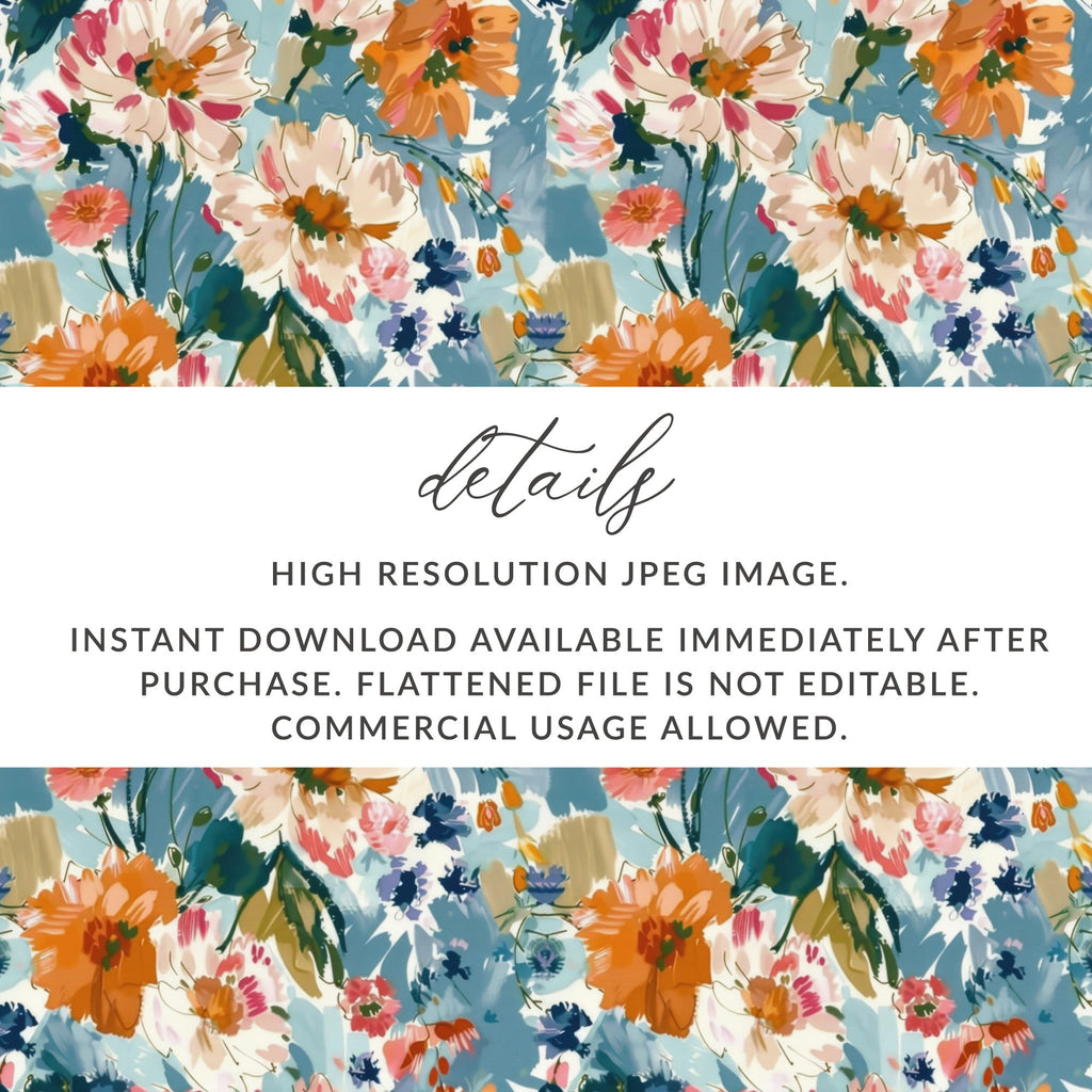 Blue Orange Floral Digital Paper, Abstract Flower Pattern, Spring Watercolor Digital Download, Seamless Floral Design, Commercial Use - Moore and Mountain