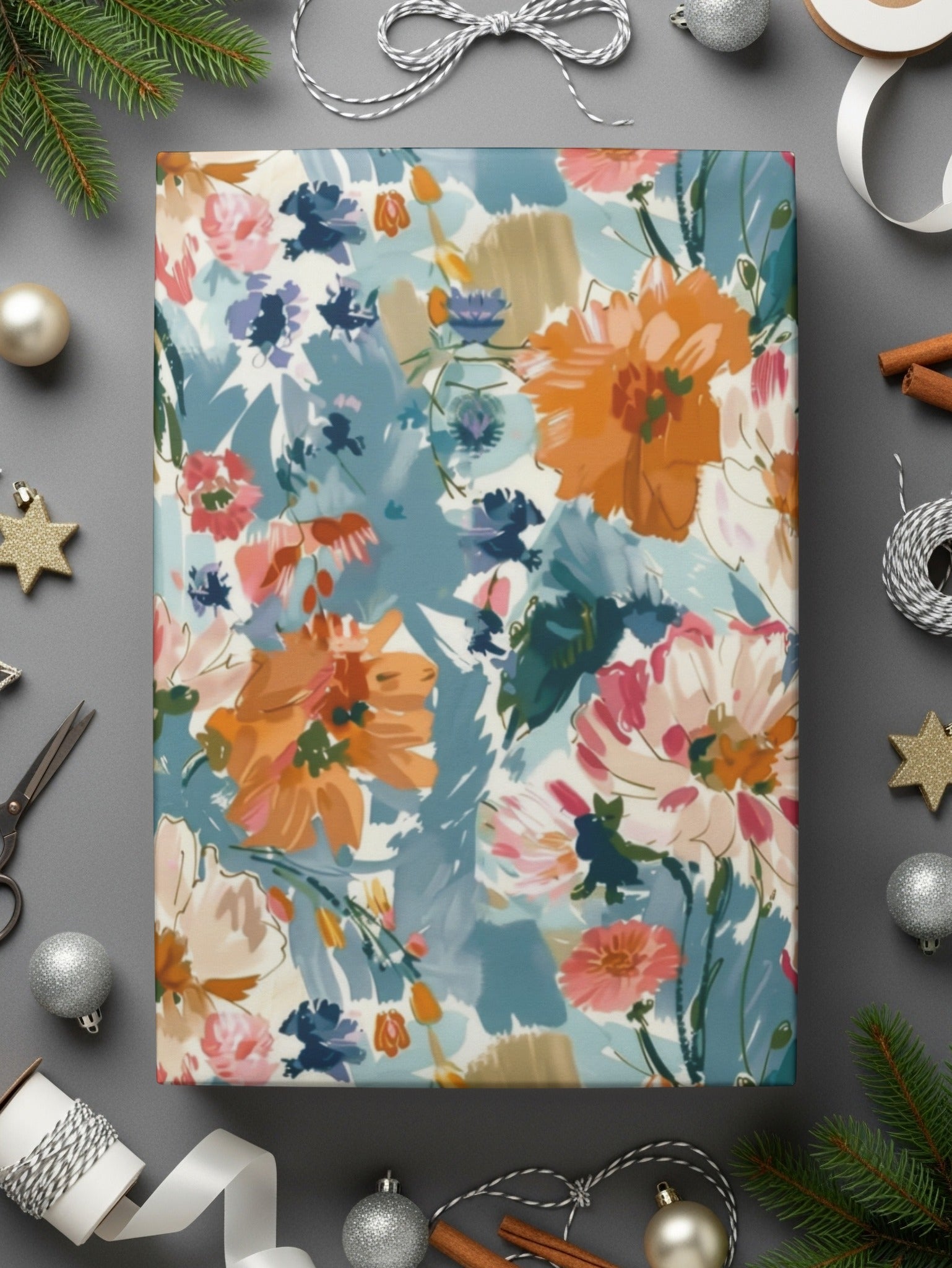 Blue Orange Floral Digital Paper, Abstract Flower Pattern, Spring Watercolor Digital Download, Seamless Floral Design, Commercial Use - Moore and Mountain