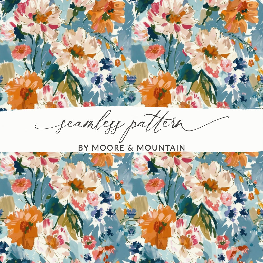 Blue Orange Floral Digital Paper, Abstract Flower Pattern, Spring Watercolor Digital Download, Seamless Floral Design, Commercial Use - Moore and Mountain