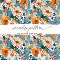 Blue Orange Floral Digital Paper, Abstract Flower Pattern, Spring Watercolor Digital Download, Seamless Floral Design, Commercial Use - Moore and Mountain