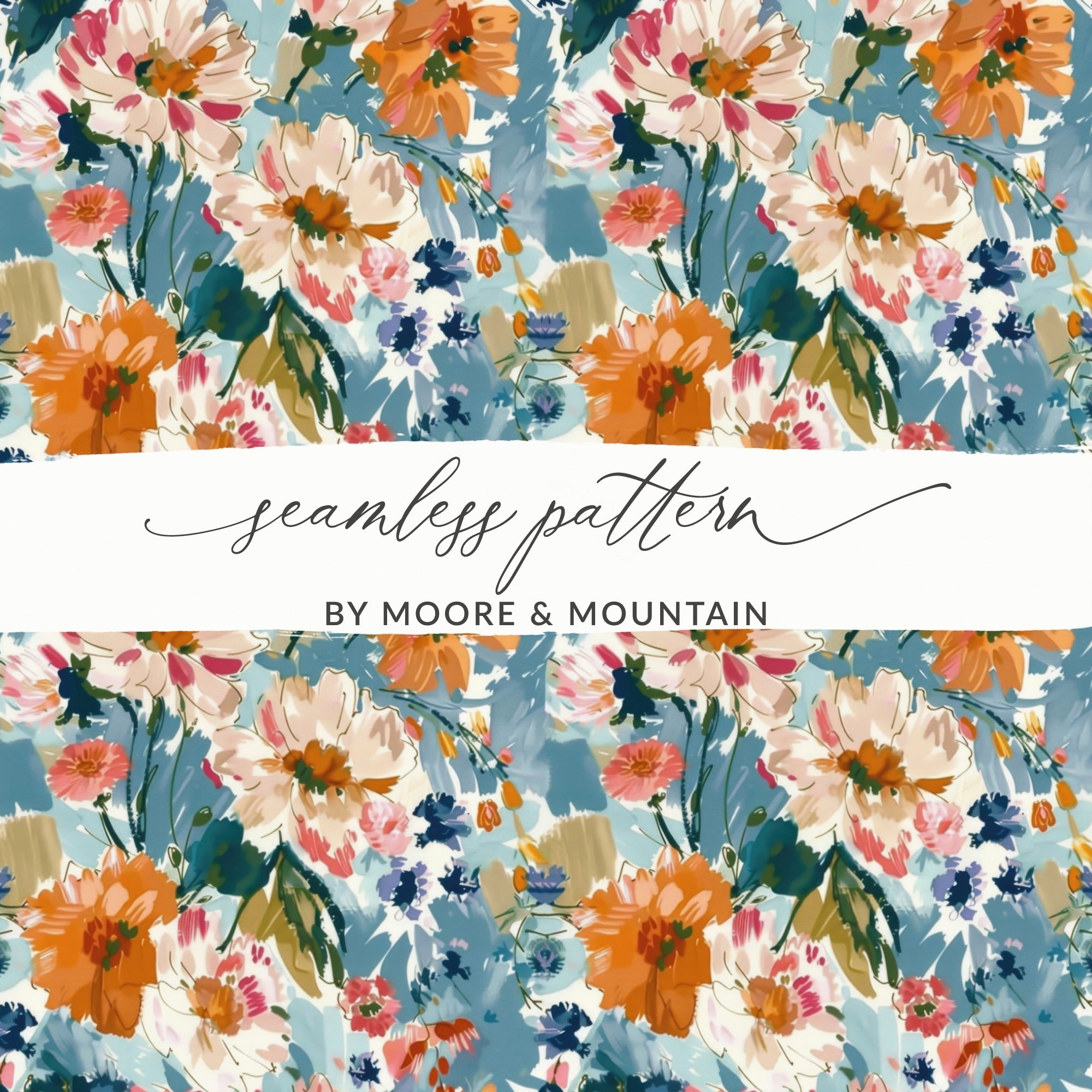 Blue Orange Floral Digital Paper, Abstract Flower Pattern, Spring Watercolor Digital Download, Seamless Floral Design, Commercial Use - Moore and Mountain