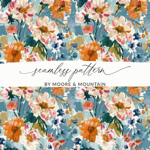 Blue Orange Floral Digital Paper, Abstract Flower Pattern, Spring Watercolor Digital Download, Seamless Floral Design, Commercial Use - Moore and Mountain
