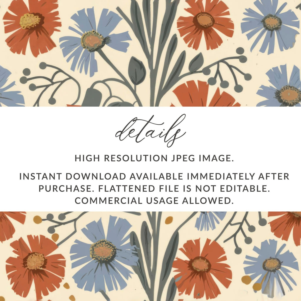 Blue Orange Floral Pattern Digital Artwork for Home Decor, Fall Floral - Moore and Mountain