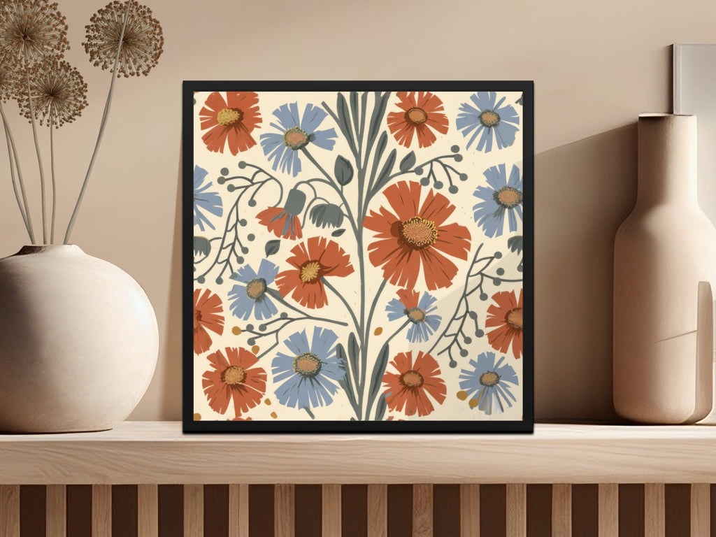 Blue Orange Floral Pattern Digital Artwork for Home Decor, Fall Floral - Moore and Mountain