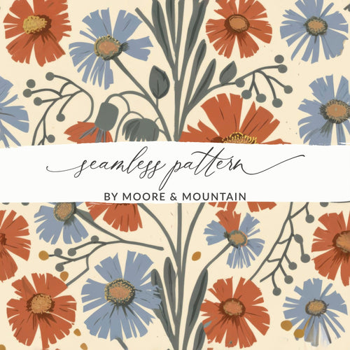 Blue Orange Floral Pattern Digital Artwork for Home Decor, Fall Floral - Moore and Mountain