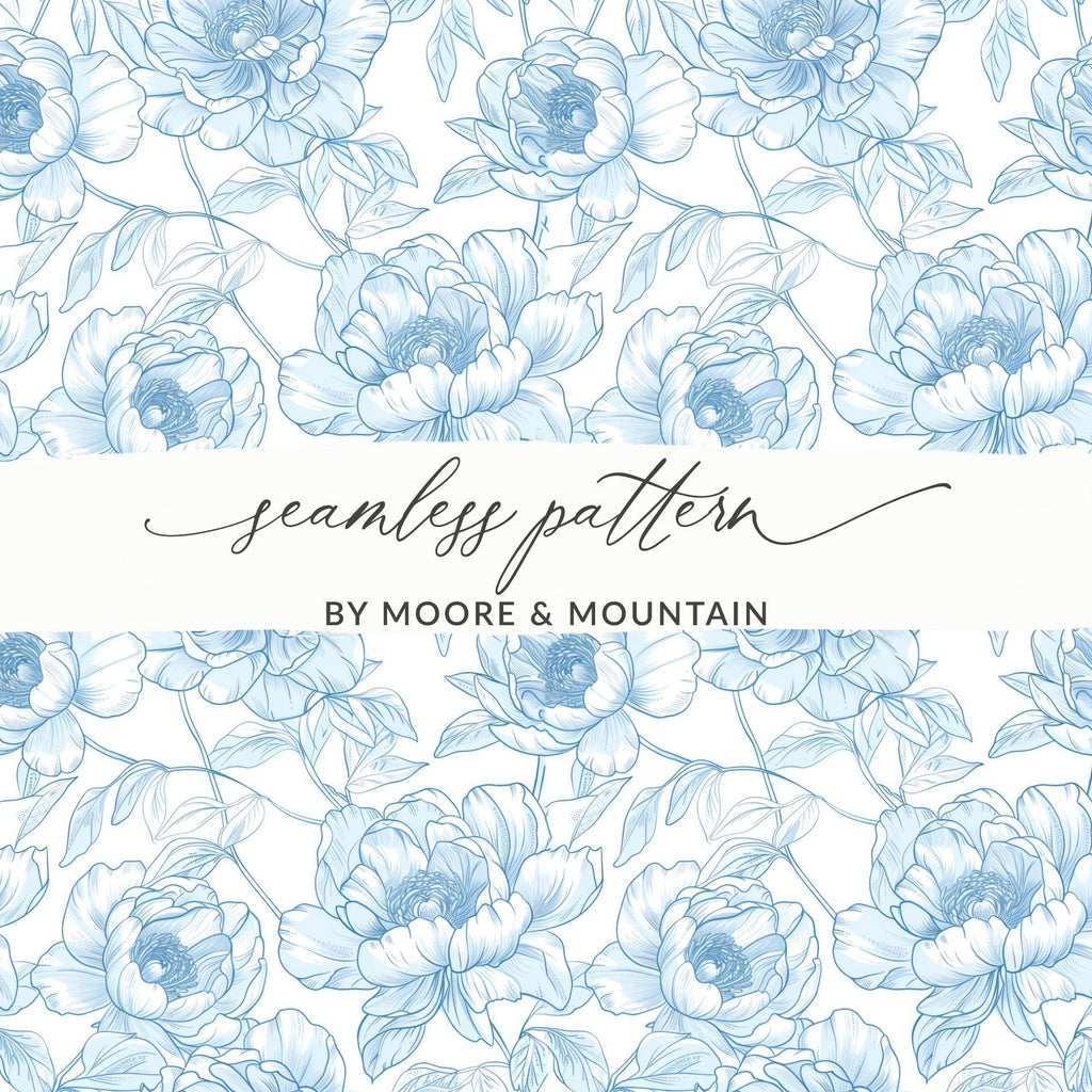 Blue Peony Digital Paper, Floral Seamless Pattern, Repeating Flower Backgrounds, Scrapbook Paper, Fabric Design, Printable Patterns Digital - Moore and Mountain