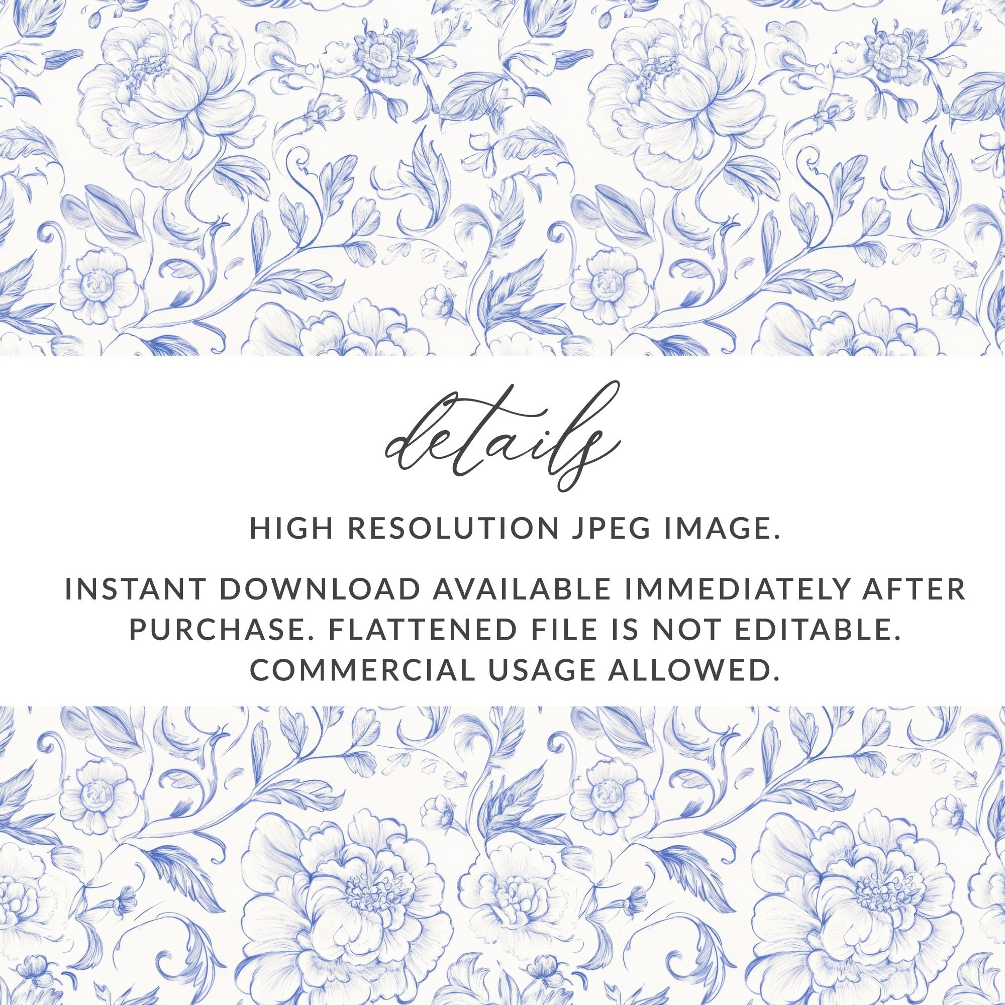 Blue Peony Digital Paper, Seamless Floral Pattern, Hand Drawn Flower Design, Spring Printable Art, Vintage Wallpaper, Scrapbook Paper - Moore and Mountain
