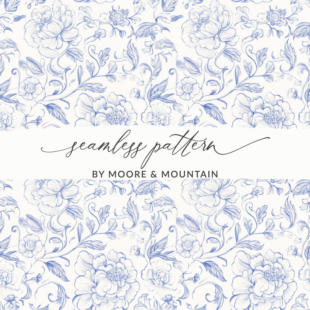 Blue Peony Digital Paper, Seamless Floral Pattern, Hand Drawn Flower Design, Spring Printable Art, Vintage Wallpaper, Scrapbook Paper - Moore and Mountain