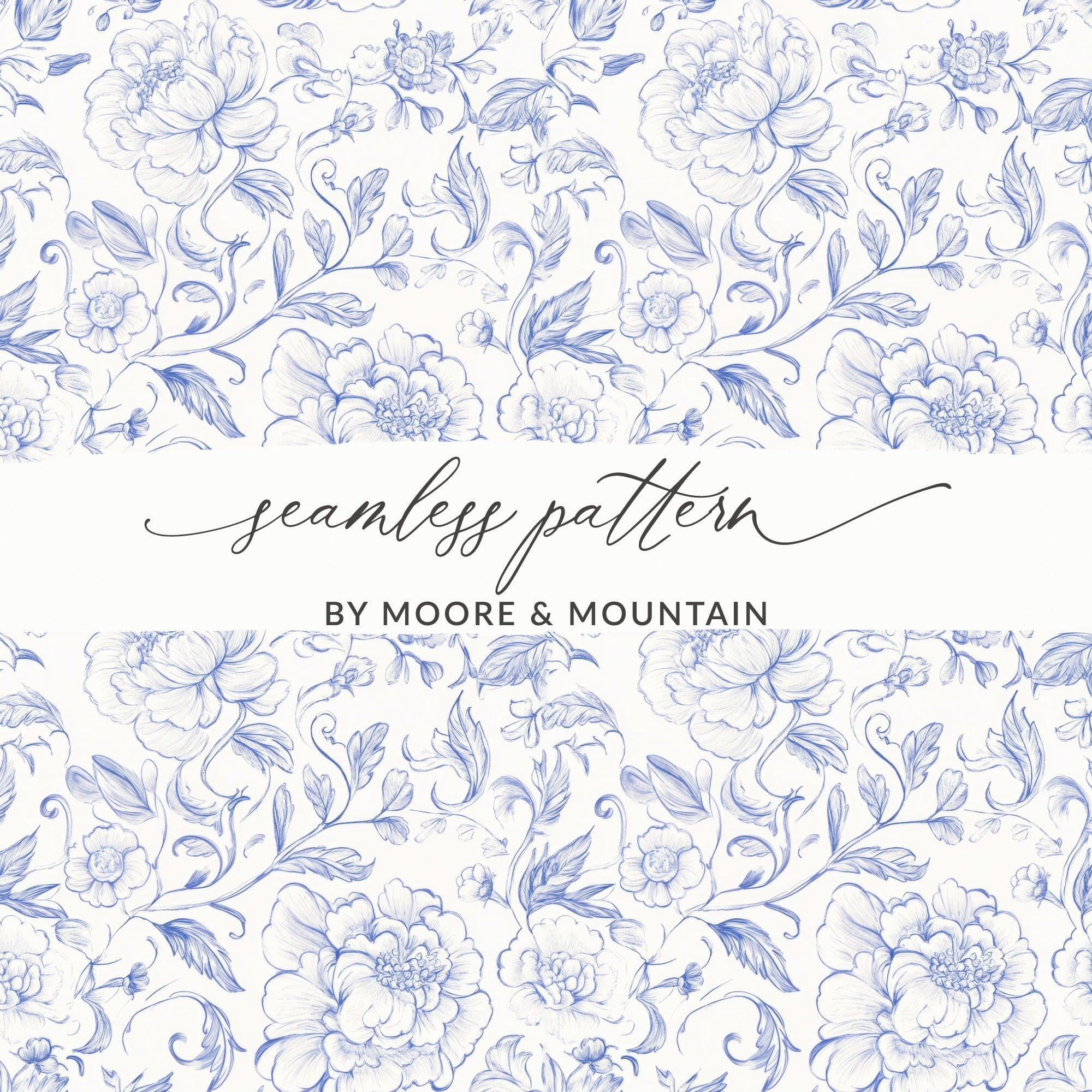 Blue Peony Digital Paper, Seamless Floral Pattern, Hand Drawn Flower Design, Spring Printable Art, Vintage Wallpaper, Scrapbook Paper - Moore and Mountain