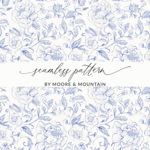Blue Peony Digital Paper, Seamless Floral Pattern, Hand Drawn Flower Design, Spring Printable Art, Vintage Wallpaper, Scrapbook Paper - Moore and Mountain