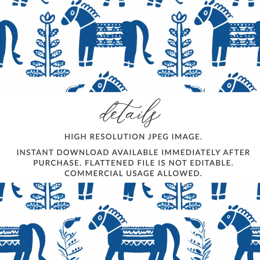Blue Scandinavian Horses and Flowers Pattern Digital Winter Seamless Pattern - Moore and Mountain