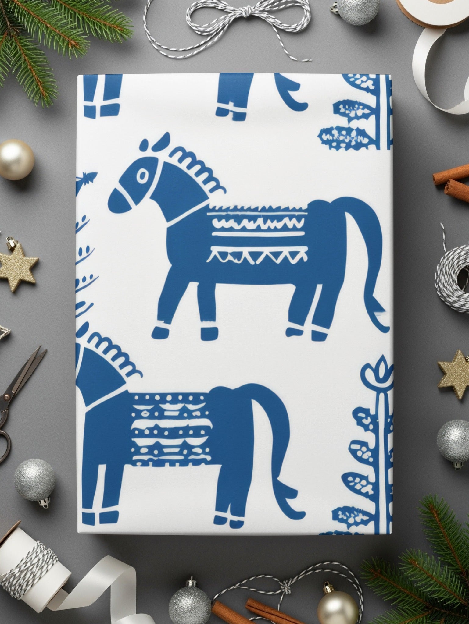 Blue Scandinavian Horses and Flowers Pattern Digital Winter Seamless Pattern - Moore and Mountain