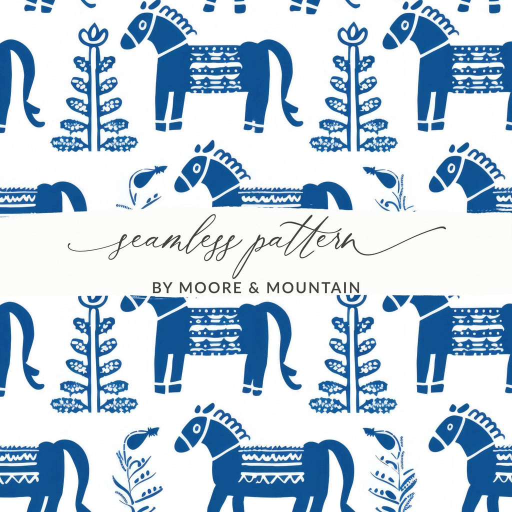 Blue Scandinavian Horses and Flowers Pattern Digital Winter Seamless Pattern - Moore and Mountain
