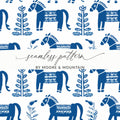 Blue Scandinavian Horses and Flowers Pattern Digital Winter Seamless Pattern - Moore and Mountain