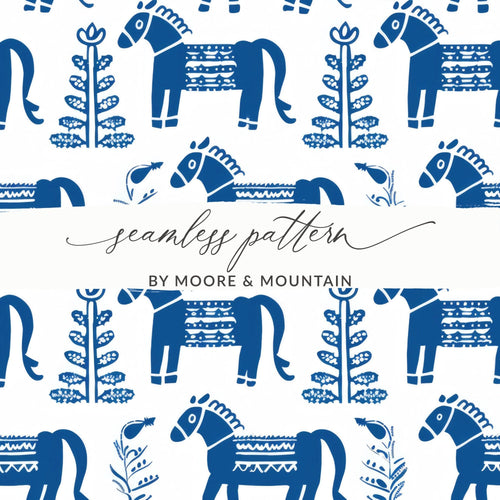 Blue Scandinavian Horses and Flowers Pattern Digital Winter Seamless Pattern - Moore and Mountain