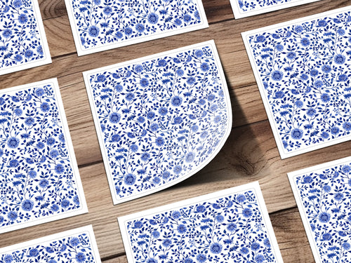 Blue and White Floral Pattern on Wooden Background Décor