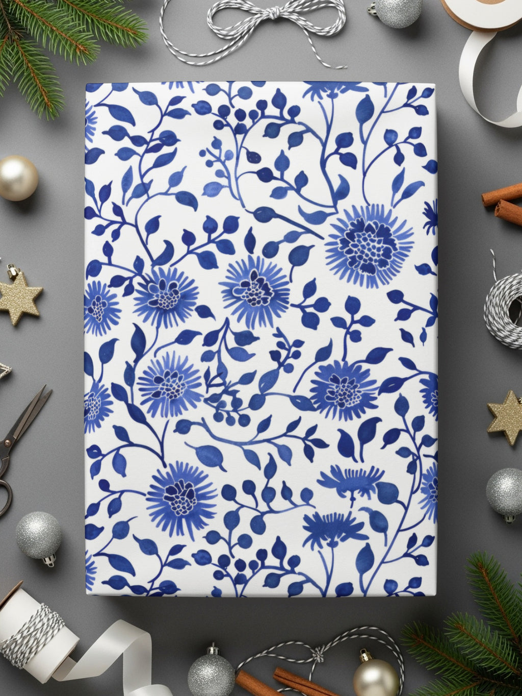 Festive Blue Floral Wrapping Paper Holiday Gift Wrap