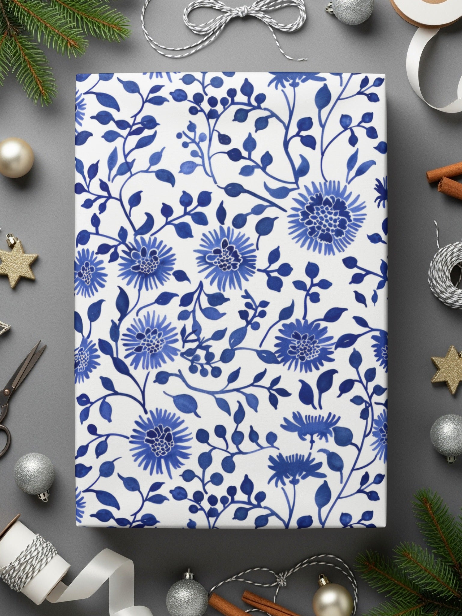 Festive Blue Floral Wrapping Paper Holiday Gift Wrap