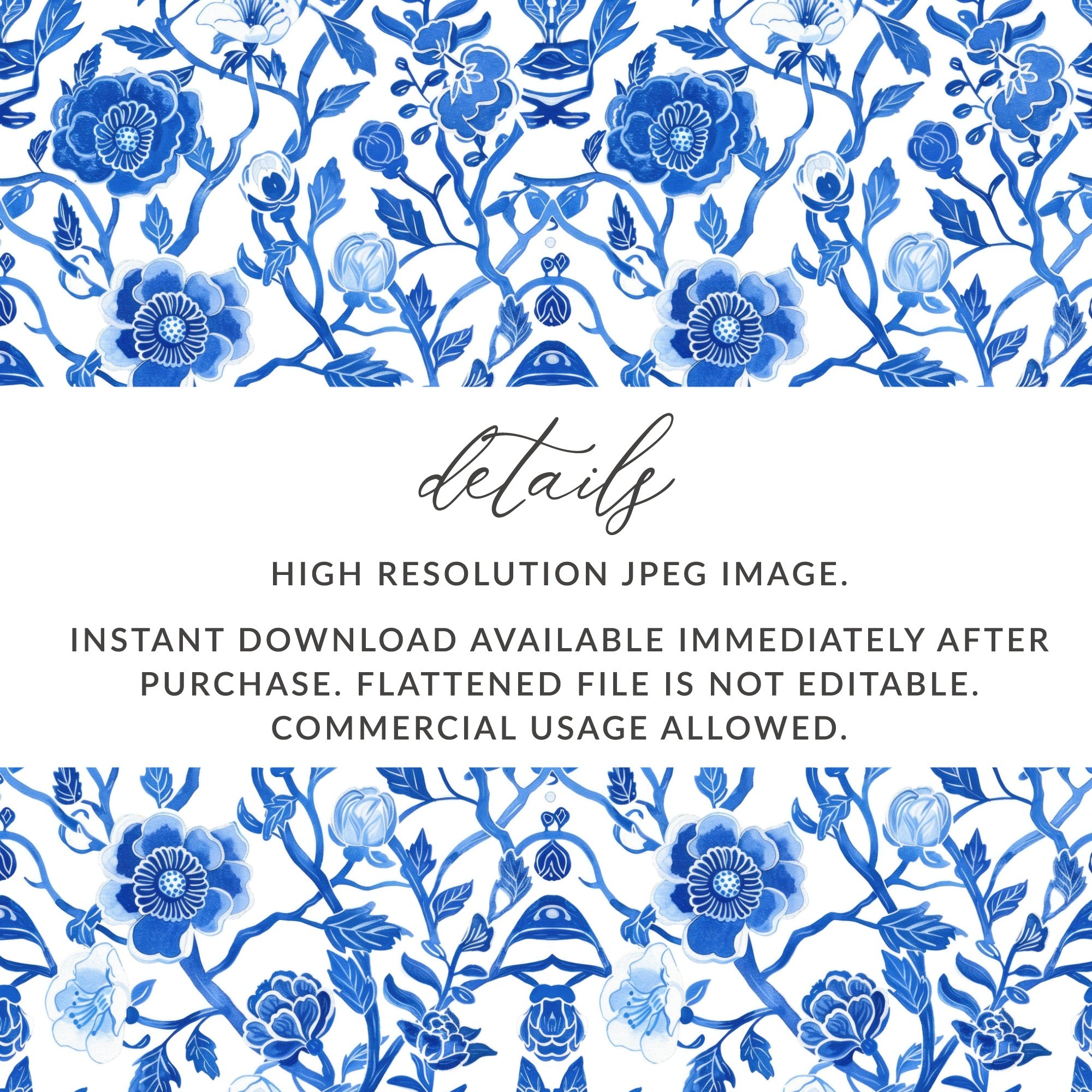 Blue Floral High Resolution JPEG Image Instant Download