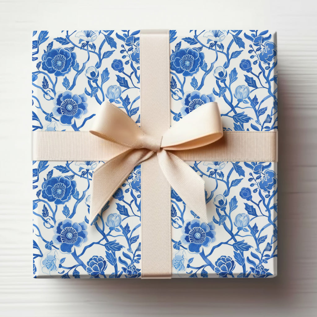 Elegant Blue Floral Pattern Gift Wrapping Paper Product