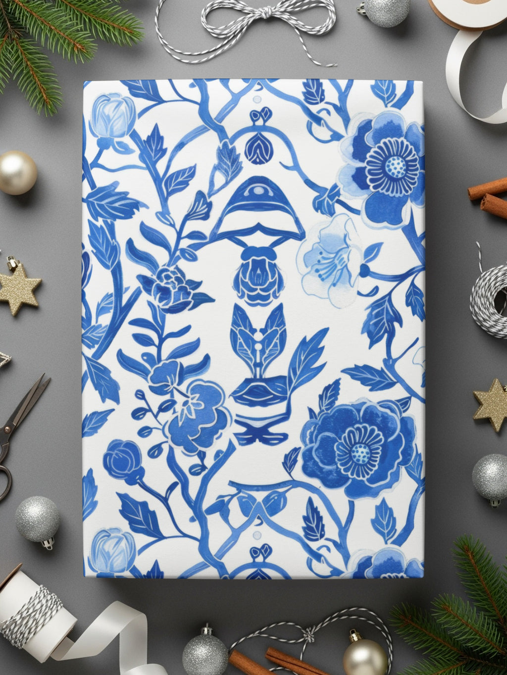 Blue Floral Pattern Gift Wrapping Paper Holiday Decor