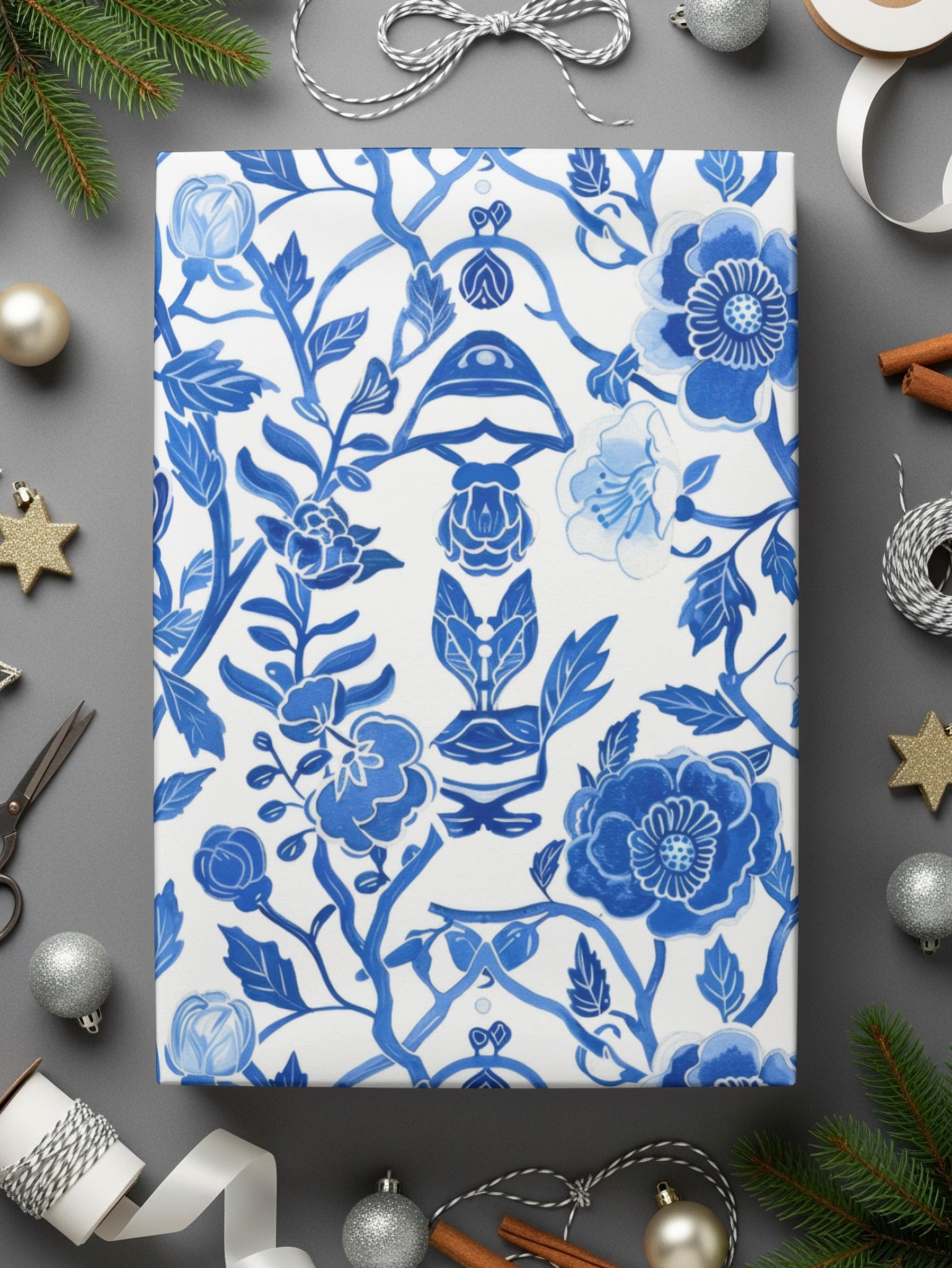 Blue Floral Pattern Gift Wrapping Paper Holiday Decor