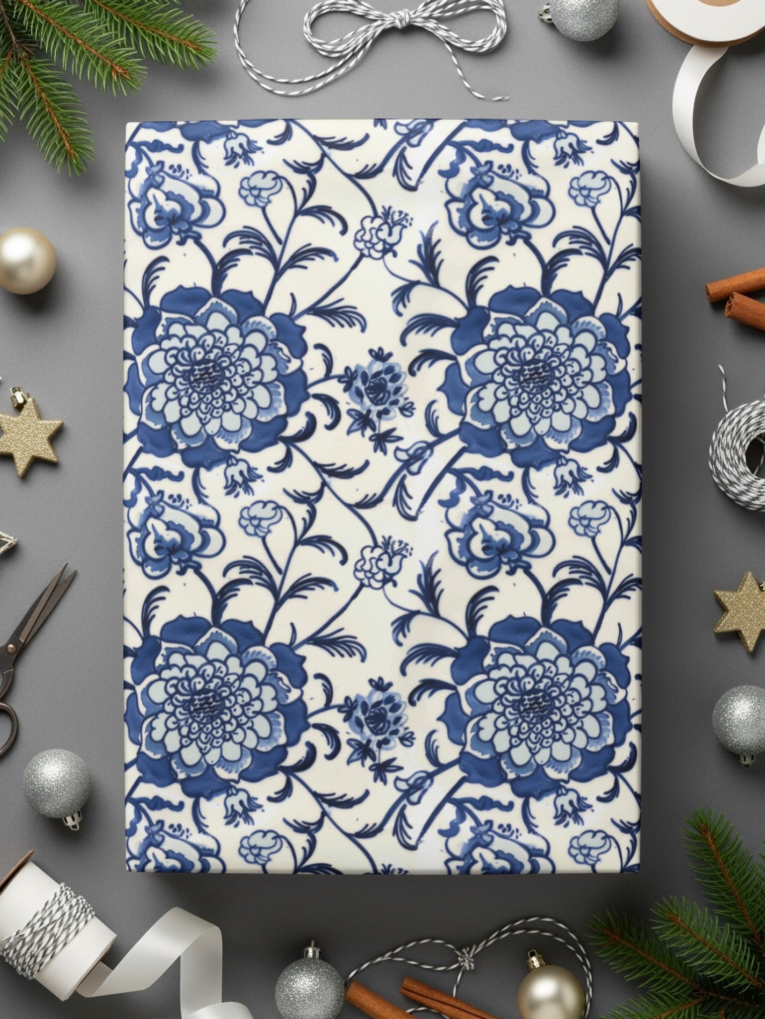 Elegant Blue Floral Pattern Gift Wrapping Paper