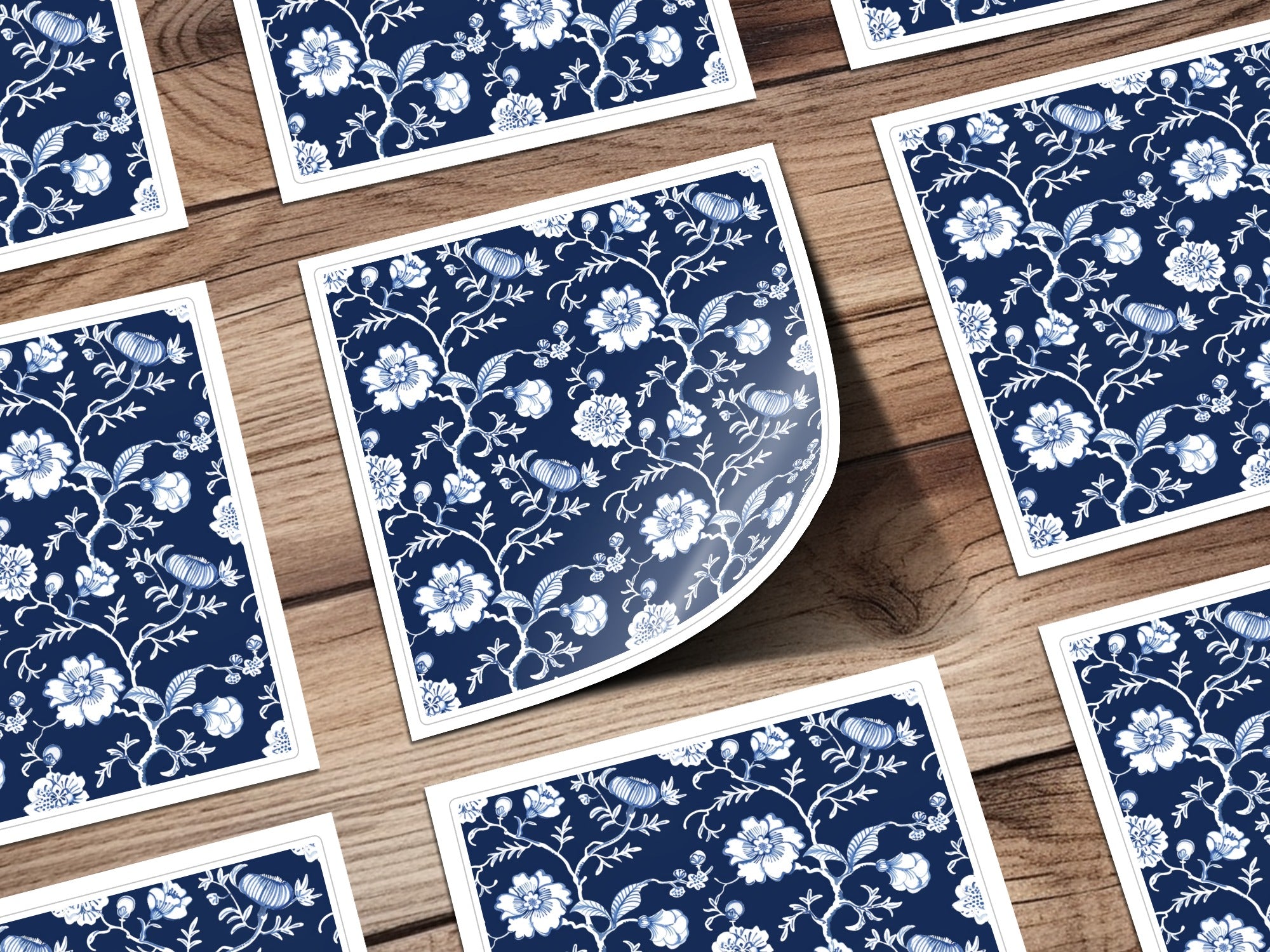 Elegant Navy Floral Pattern on Wooden Background Sticker