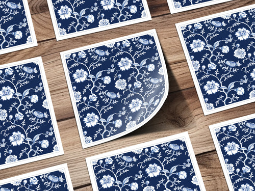 Elegant Navy Floral Pattern on Wooden Background Sticker