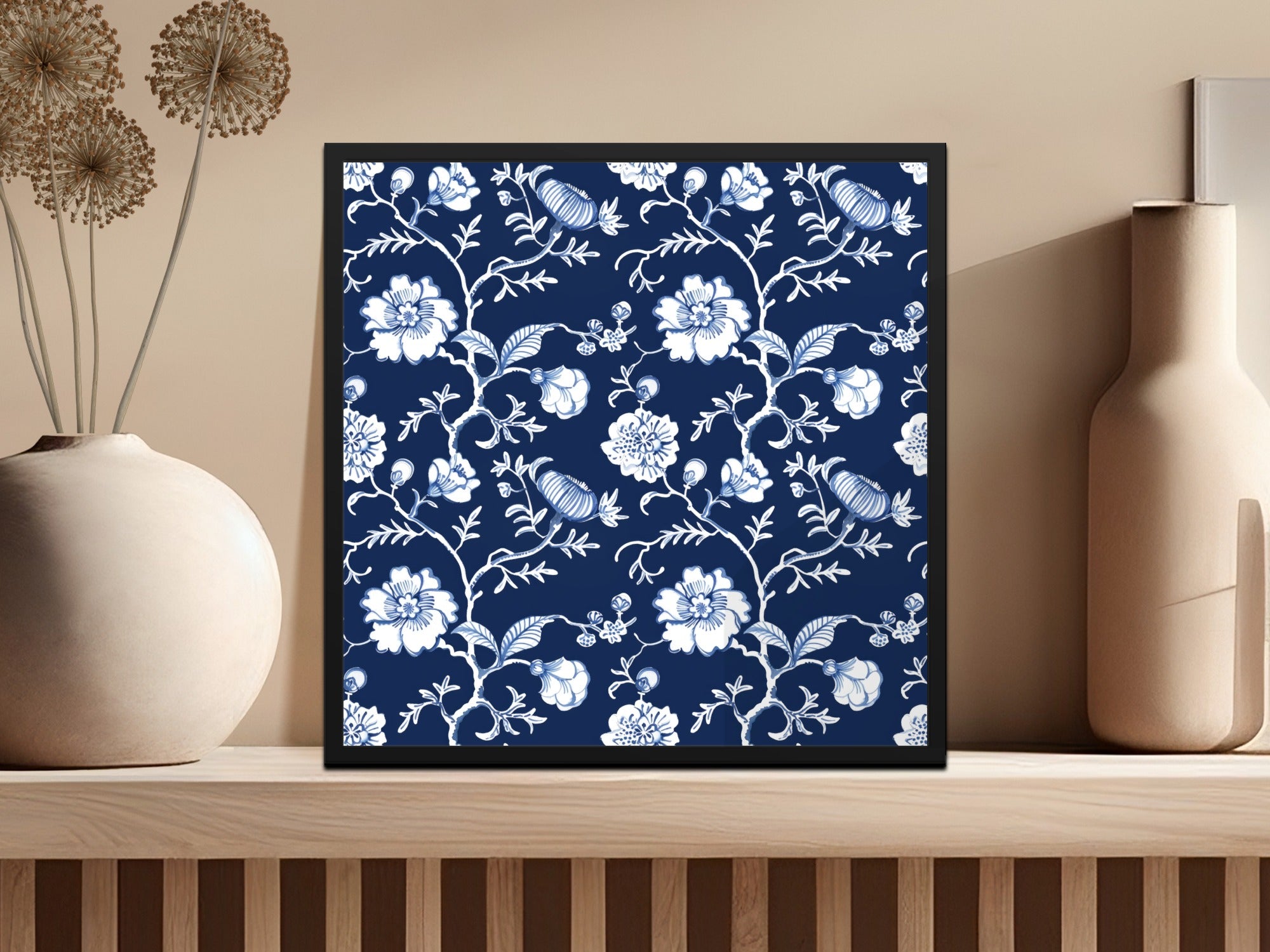 Elegant Floral Pattern on Dark Blue Wall Art Decor