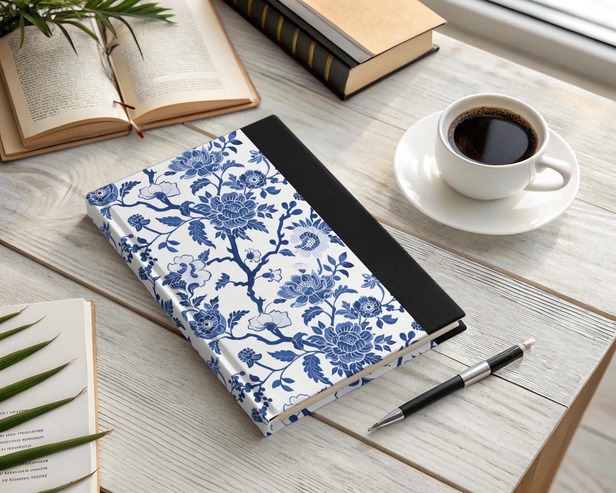 Elegant Blue Floral Pattern Hardcover Journal Notebook