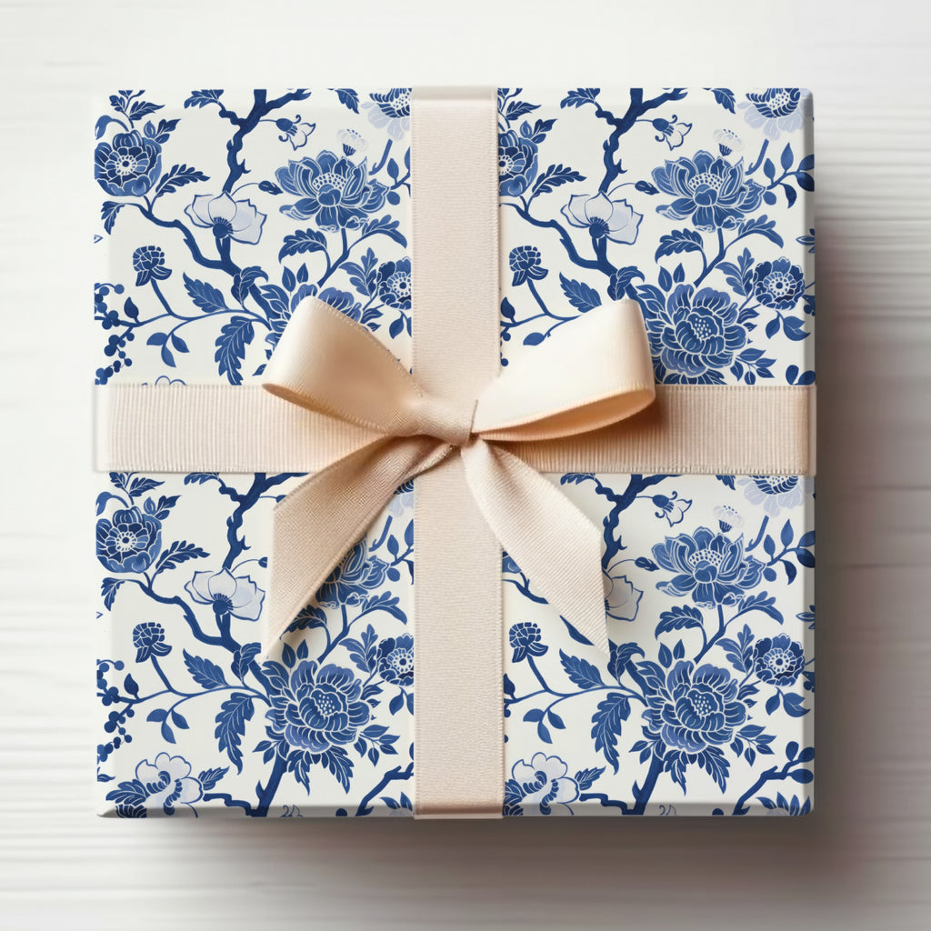 Elegant Blue Floral Gift Box with Ivory Ribbon