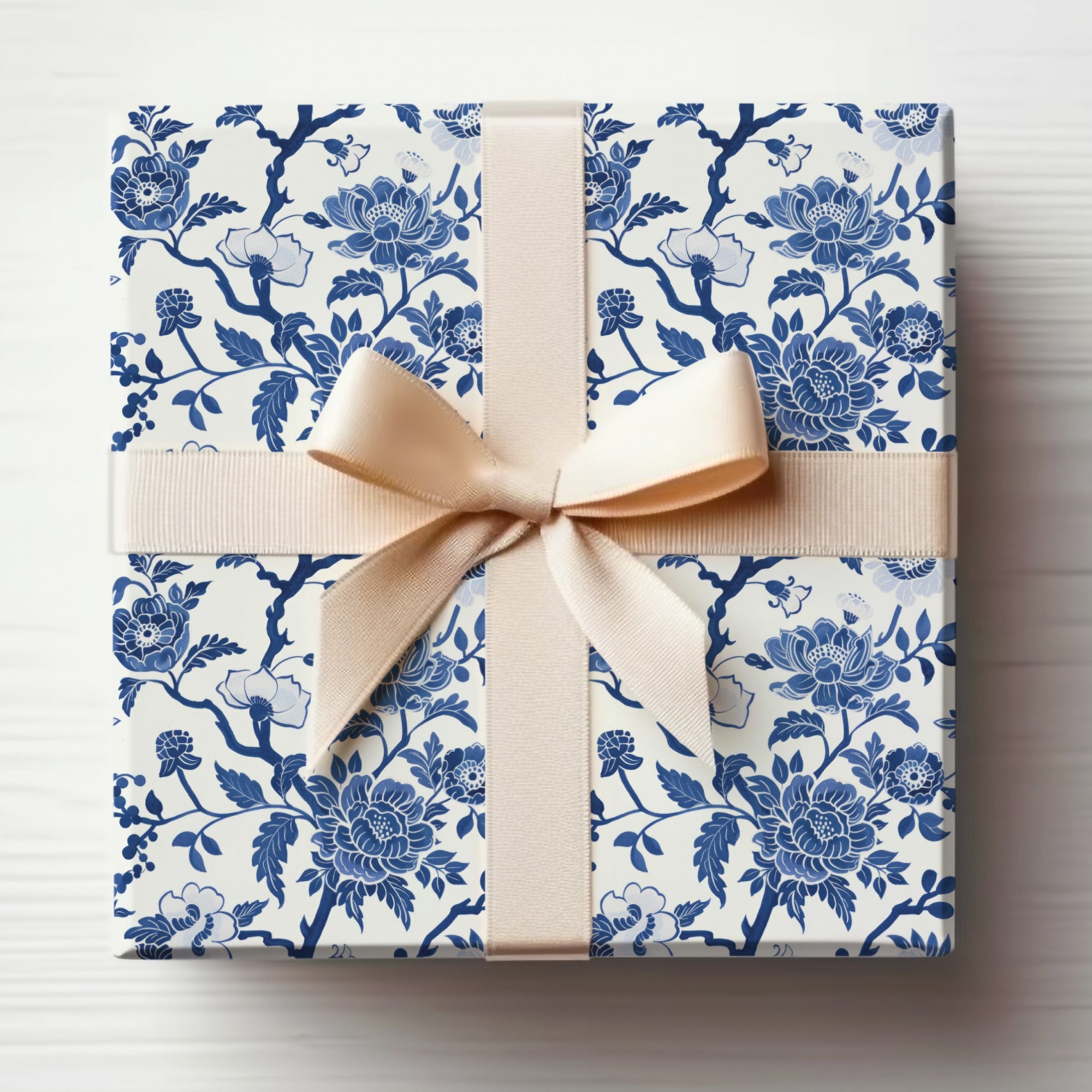 Elegant Blue Floral Gift Box with Ivory Ribbon