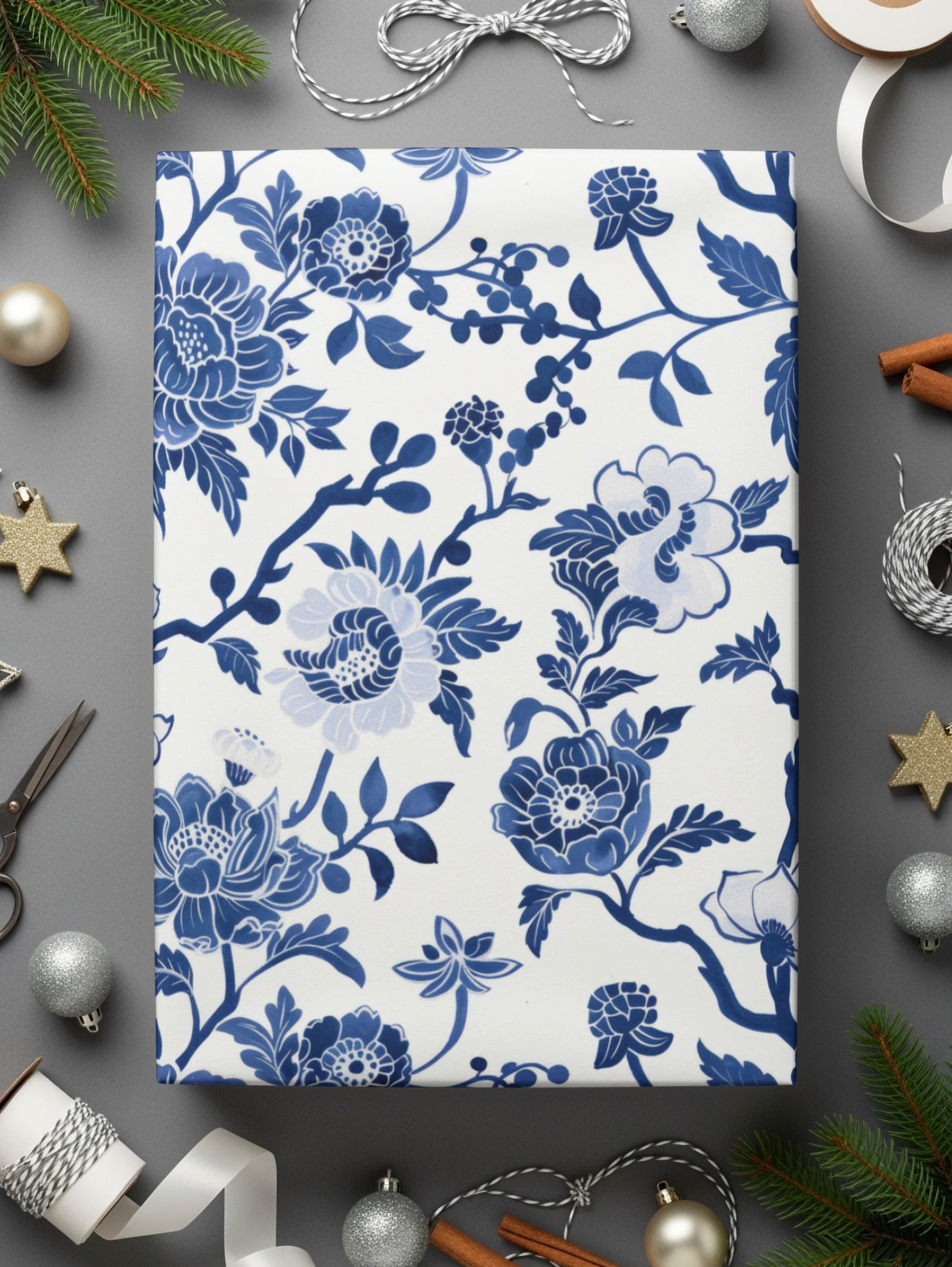Blue Floral Wrapping Paper for Festive Gift Presentation