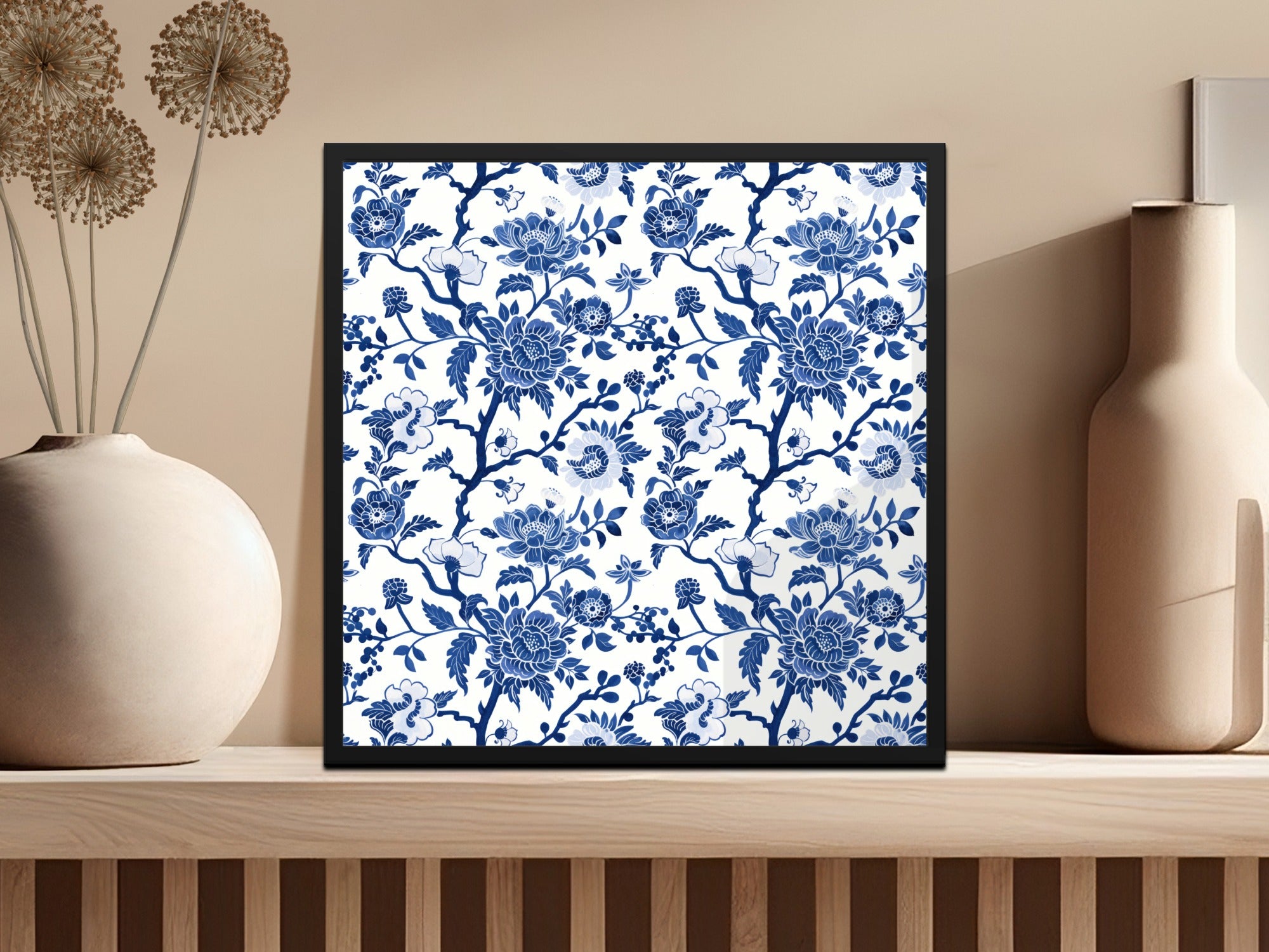Blue and White Floral Pattern Framed Wall Art Decor