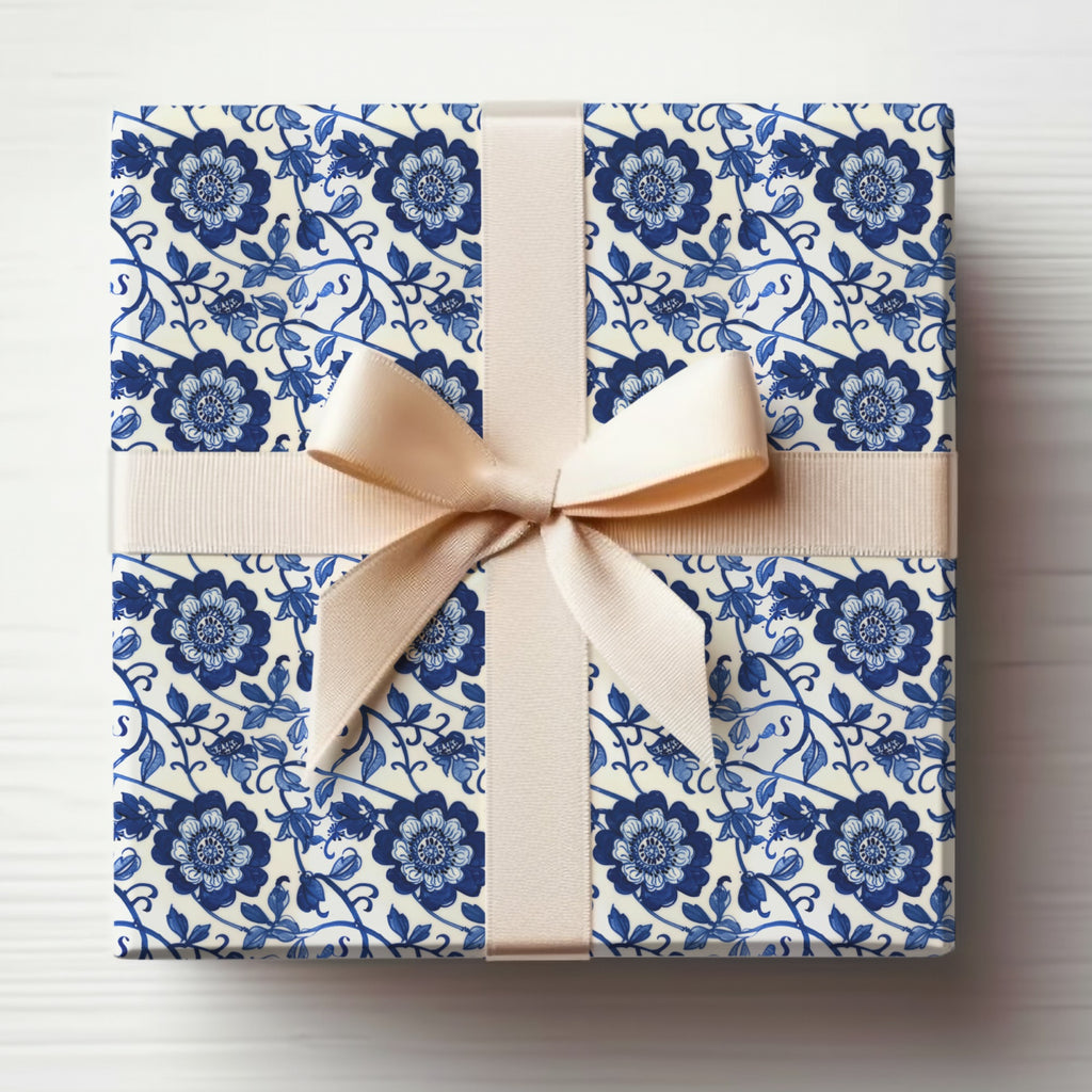 Elegant Blue Floral Gift Wrap with Cream Ribbon Detailing