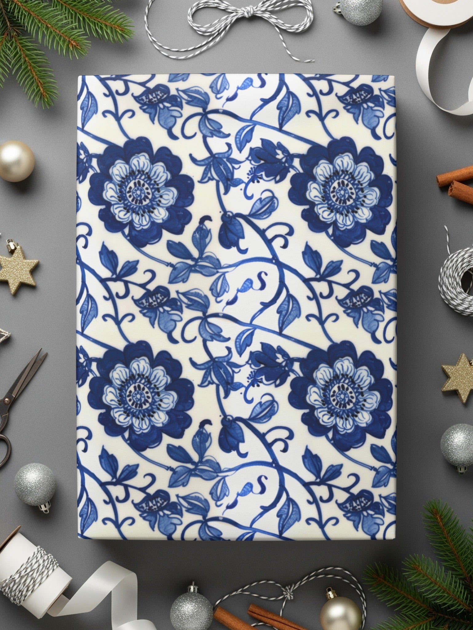 Blue Floral Patterned Gift Wrap Paper for Holidays
