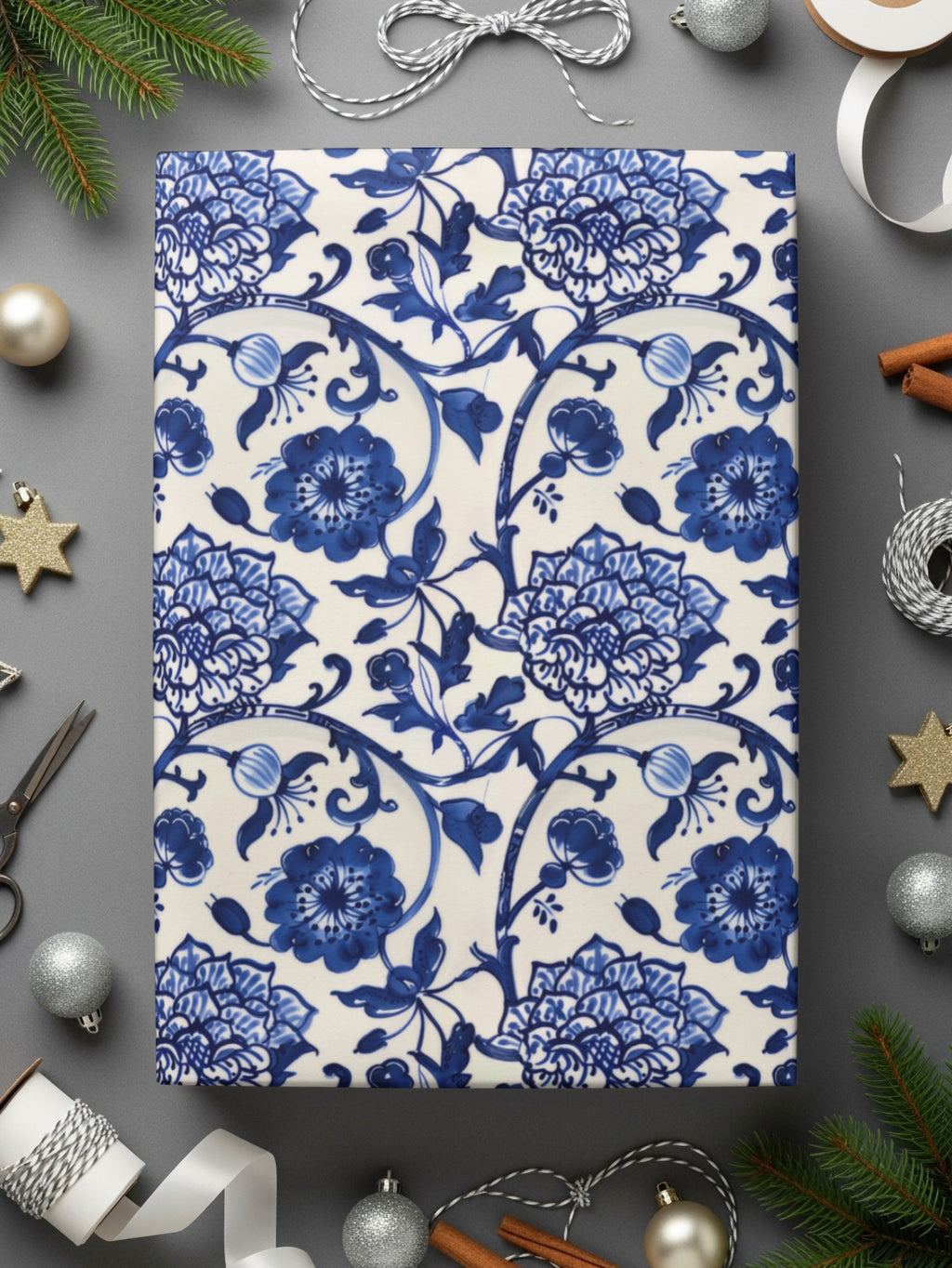 Blue Floral Decorative Patterns Gift Wrap Roll