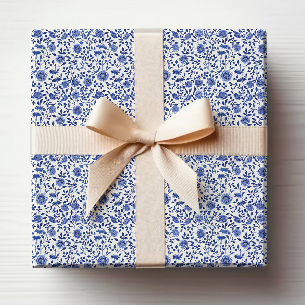 Elegant Blue Floral Gift Wrap with Cream Bow