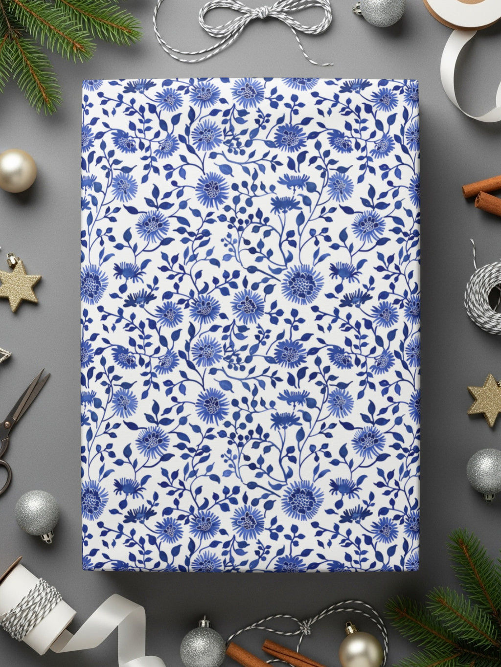 Festive Blue Floral Wrapping Paper for Holidays
