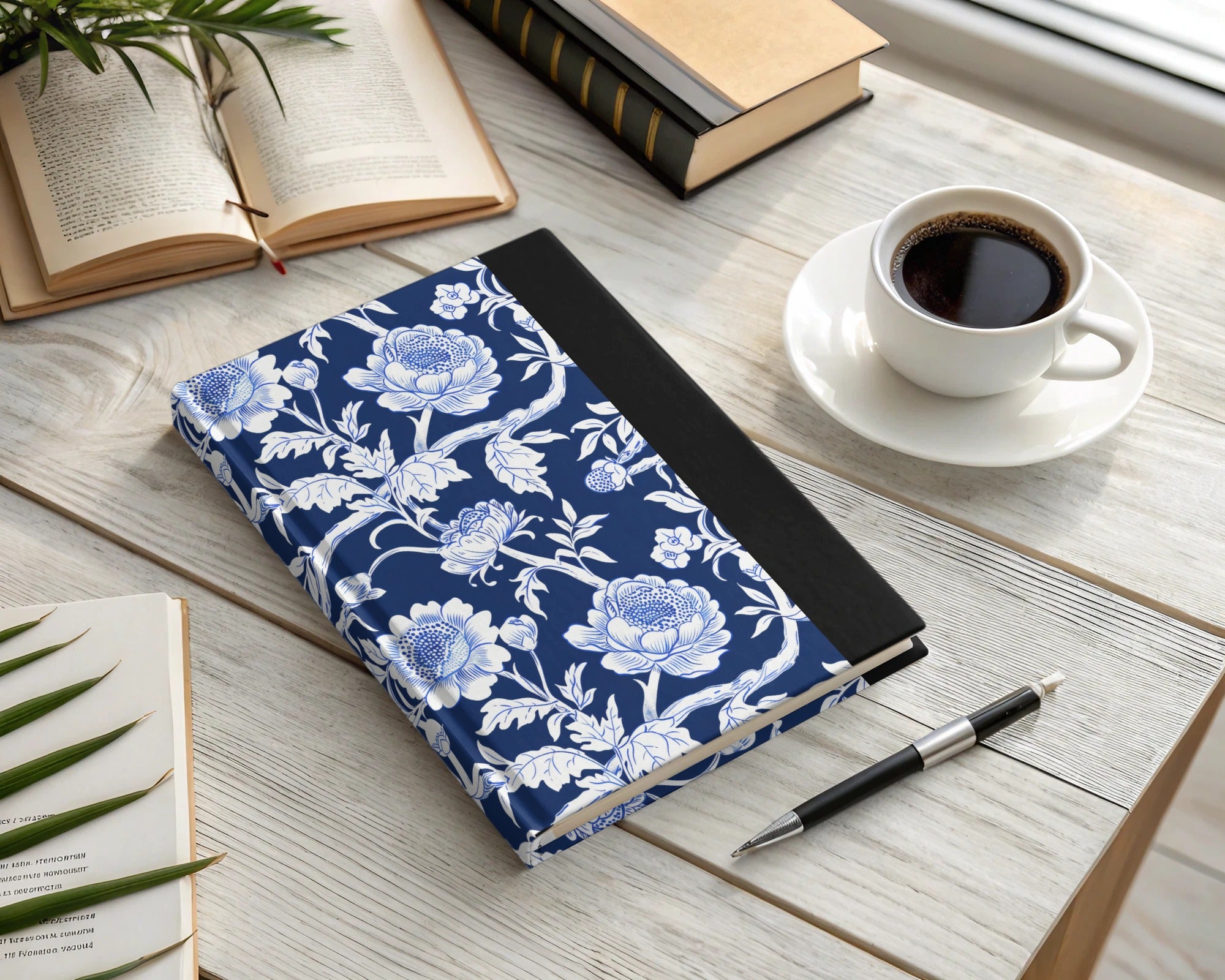 Floral Pattern Blue and White Hardcover Notebook