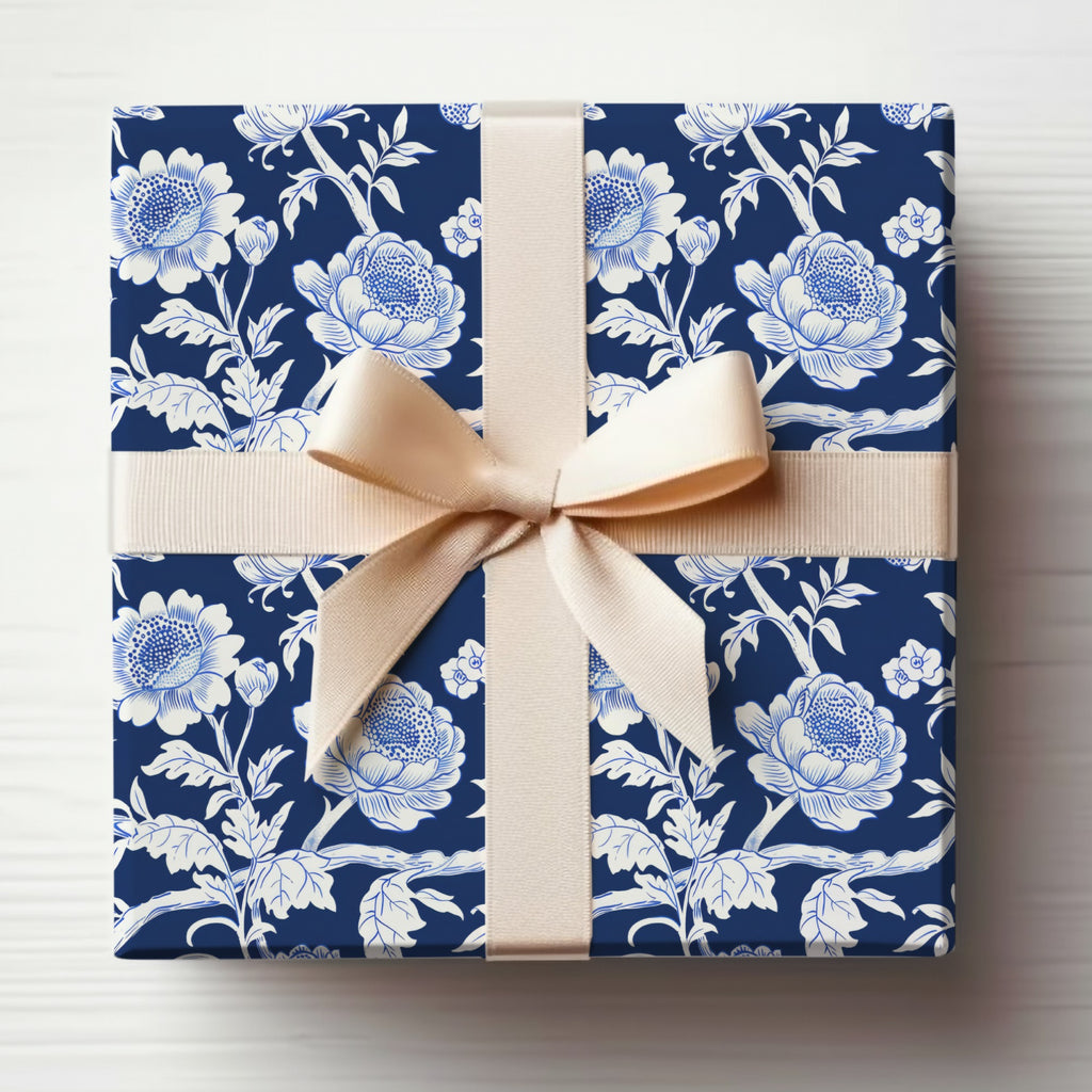 Elegant Blue Floral Gift Wrap with Cream Ribbon