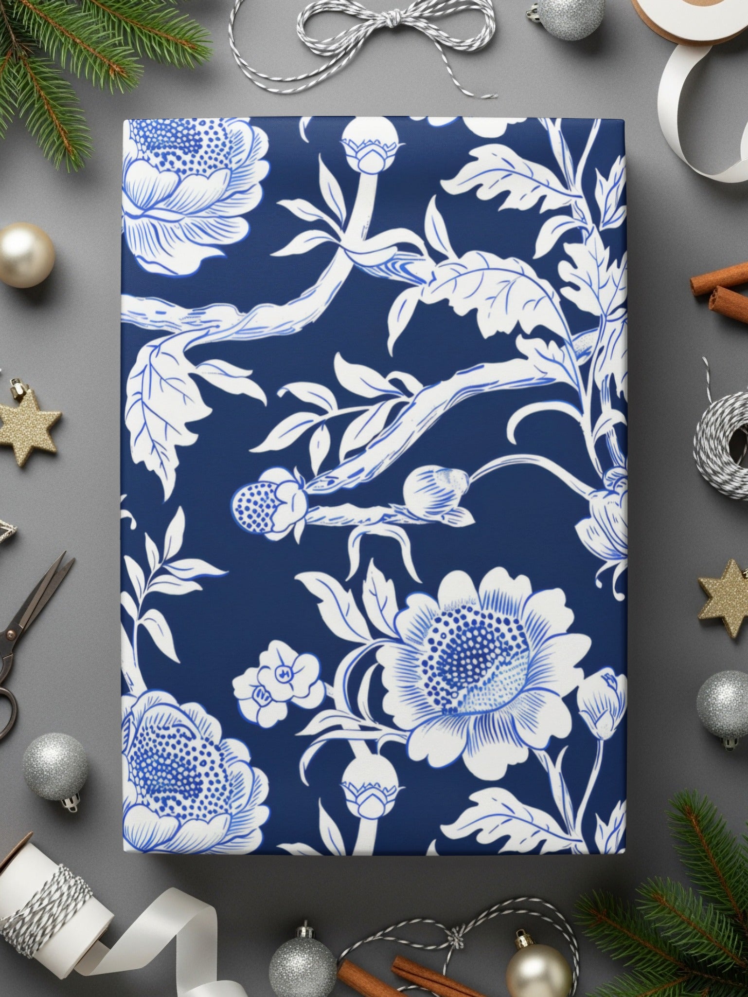 Blue Floral Christmas Gift Wrapping Paper Holiday
