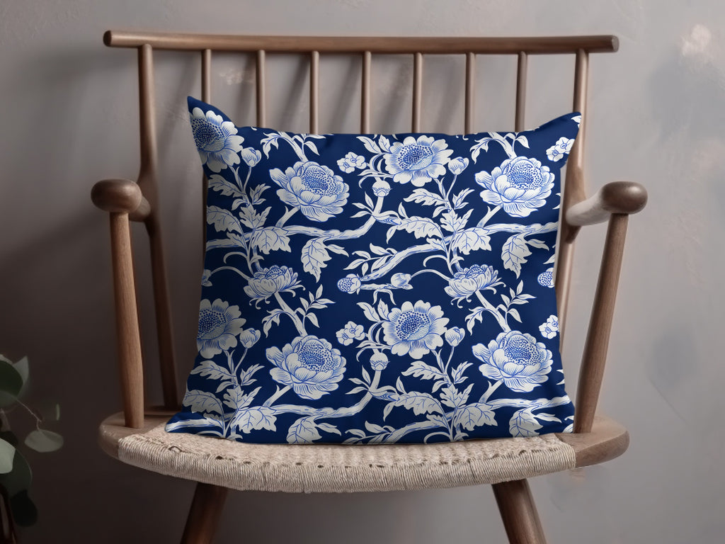 Blue and White Floral Pattern Decorative Pillow