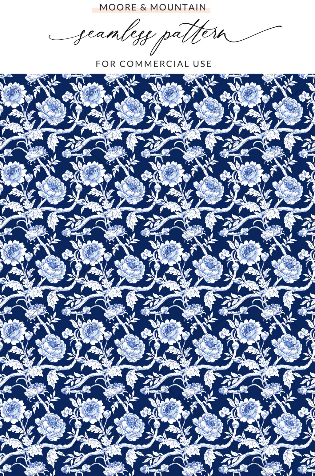 Navy and White Floral Seamless Commercial Use Pattern