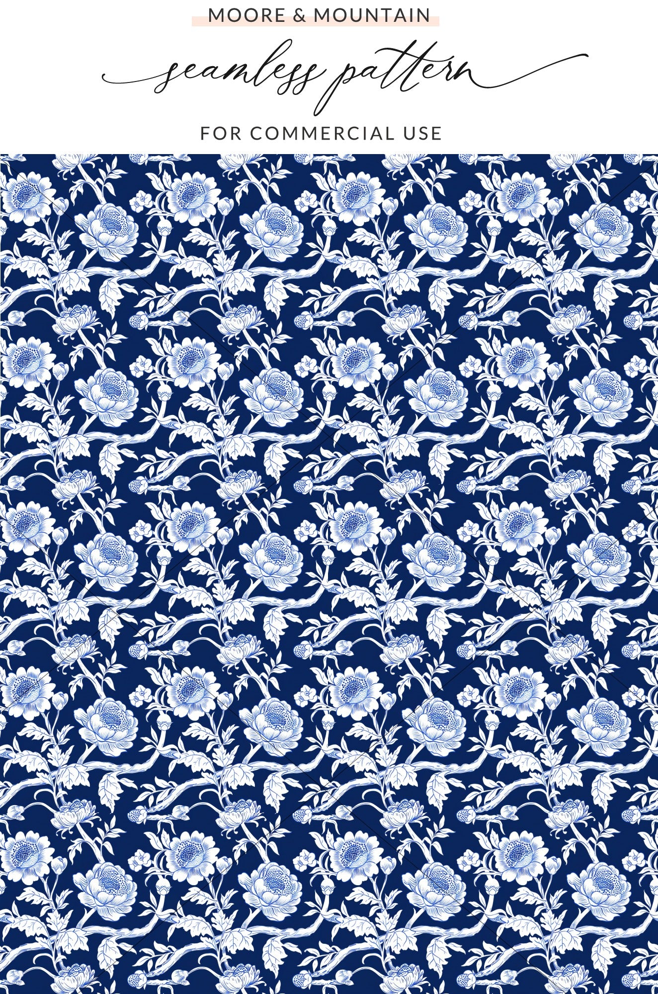 Navy and White Floral Seamless Commercial Use Pattern