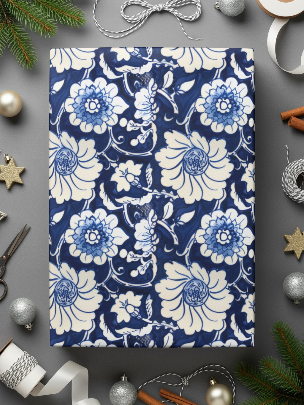 Blue and White Floral Design Wrapping Paper